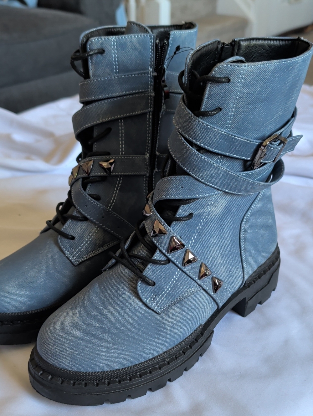 Light Blue Studded Combat Boots with Buckle Strap